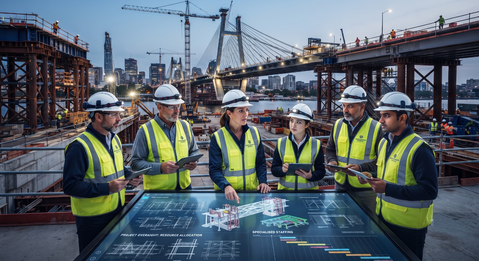 Engineers reviewing a bridge project beside a cable-stayed construction site