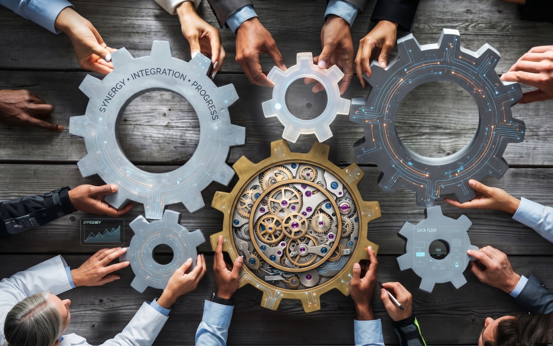 Teams aligning industrial gears labelled synergy, integration, and progress